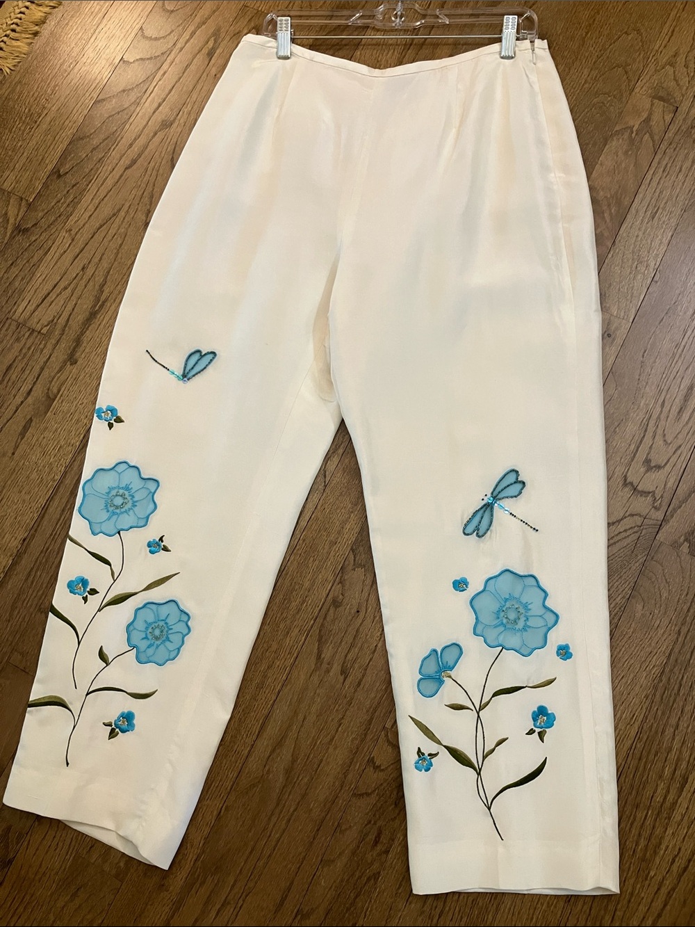 Cream Silk Pants with Blue Floral & Dragonfly Embroidery and Beading 14